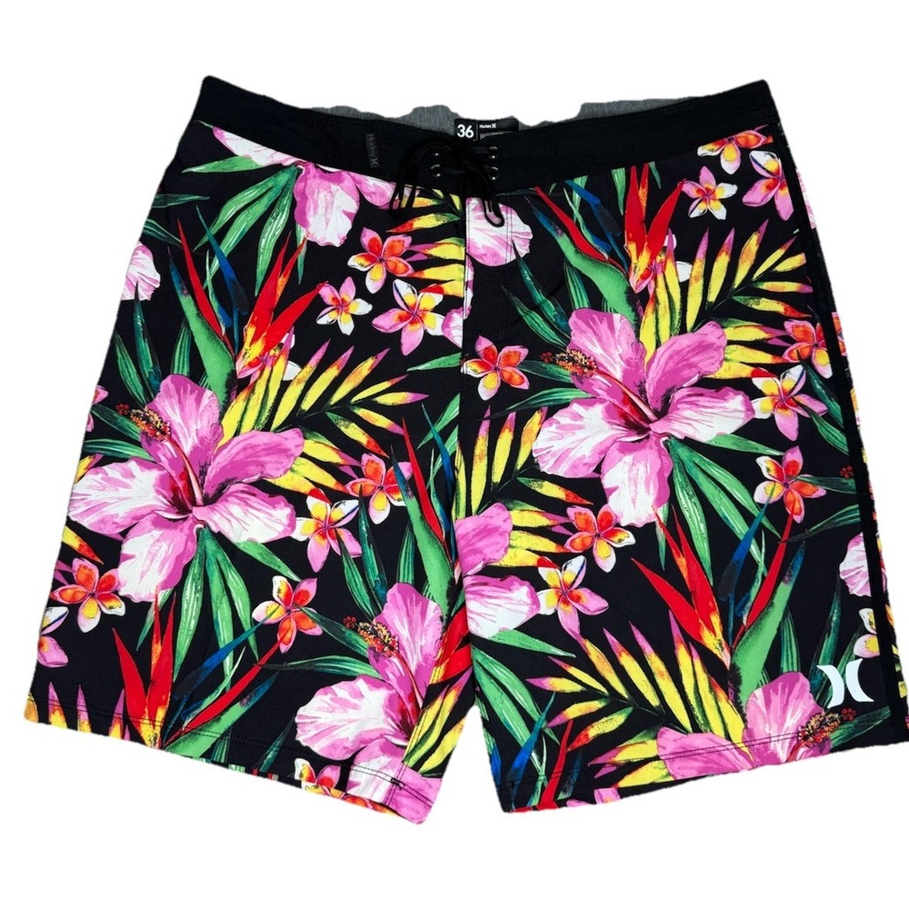 Hurley Board Shorts Mens Large 36 Black Pink Tropical Hawaiian Phantom Trunks